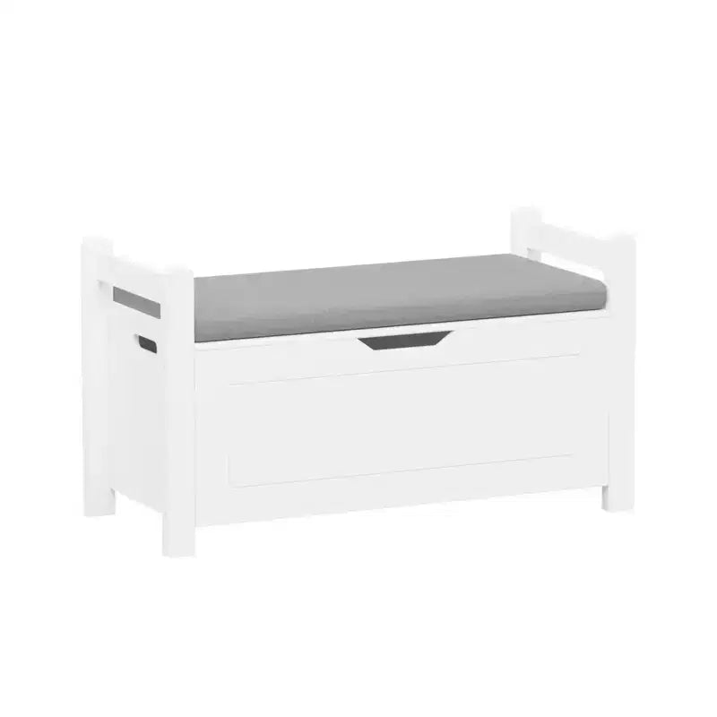 Banc de rangement pour entrée avec coussin d'assise et poignées latérales, blanc, gris