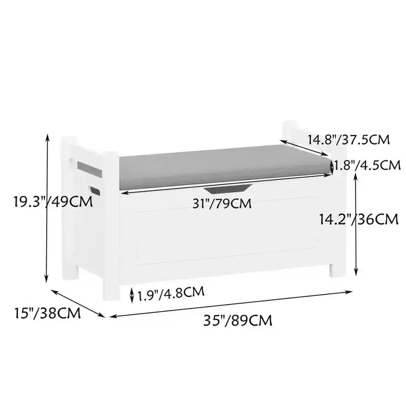 Banc de rangement pour entrée avec coussin d'assise et poignées latérales, blanc, gris