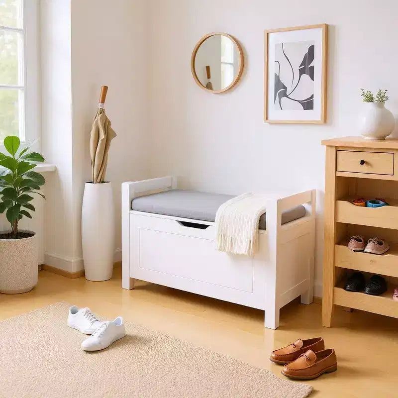 Banc de rangement pour entrée avec coussin d'assise et poignées latérales, blanc, gris