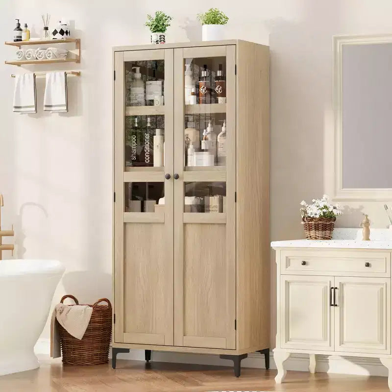 Armoire haute de rangement à 5 niveaux avec portes en verre et étagères réglables