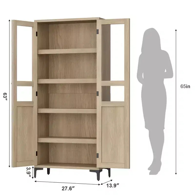 Armoire haute de rangement à 5 niveaux avec portes en verre et étagères réglables