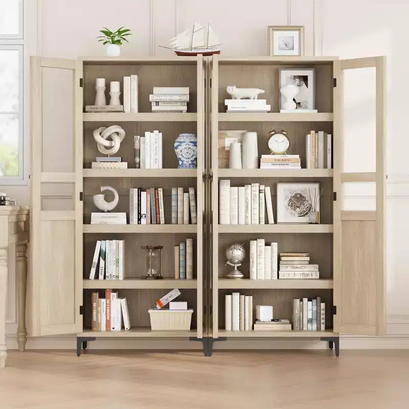 Armoire haute de rangement à 5 niveaux avec portes en verre et étagères réglables