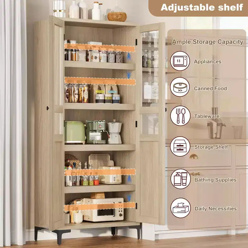 Armoire haute de rangement à 5 niveaux avec portes en verre et étagères réglables
