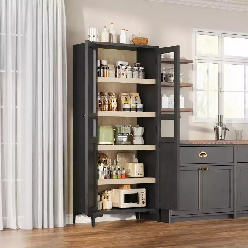 Armoire haute de rangement à 5 niveaux avec portes en verre et étagères réglables