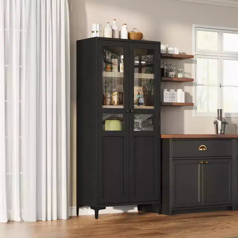 Armoire haute de rangement à 5 niveaux avec portes en verre et étagères réglables
