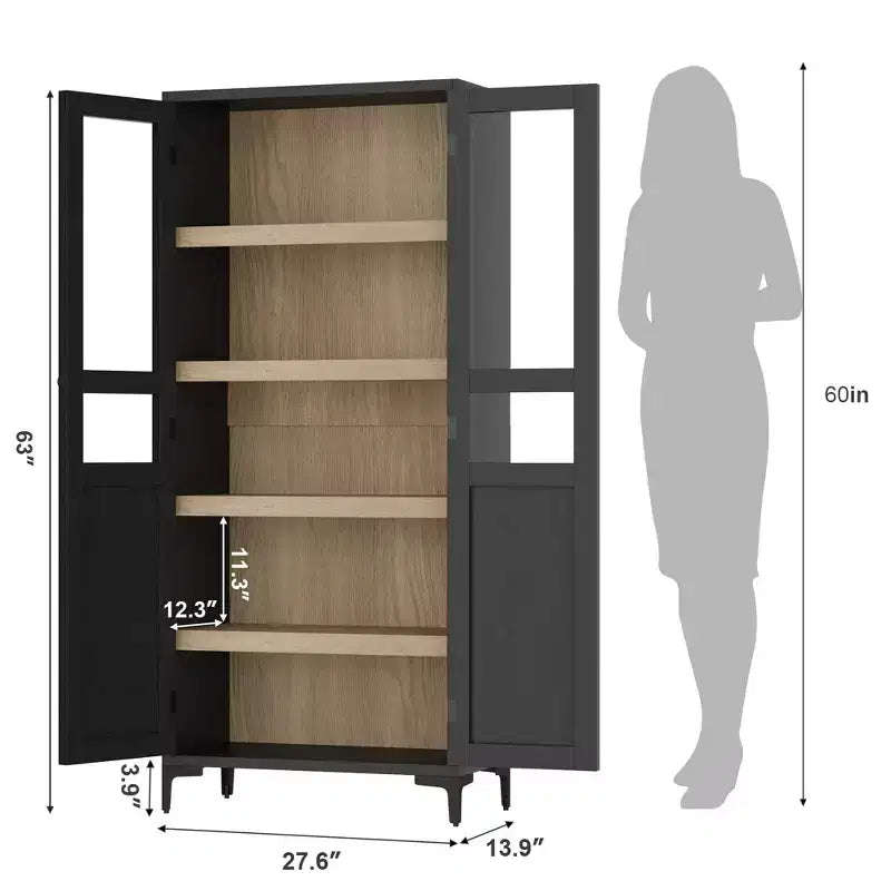 Armoire haute de rangement à 5 niveaux avec portes en verre et étagères réglables
