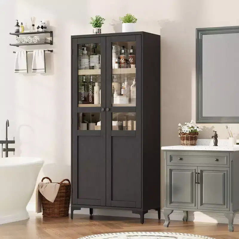 Armoire haute de rangement à 5 niveaux avec portes en verre et étagères réglables