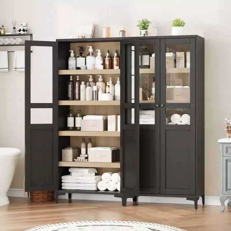 Armoire haute de rangement à 5 niveaux avec portes en verre et étagères réglables