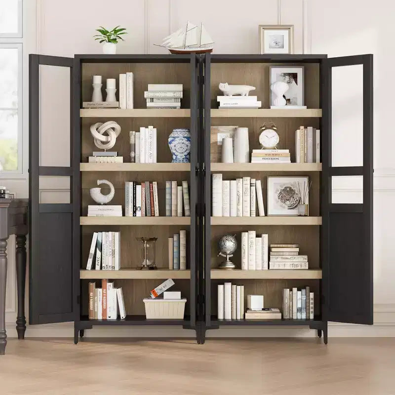 Armoire haute de rangement à 5 niveaux avec portes en verre et étagères réglables