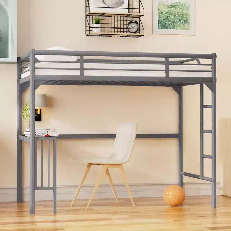 Lit mezzanine minimaliste avec bureau intégré, lit mezzanine jumeau avec échelle et garde-corps, cadres de lit pour enfants et adolescents