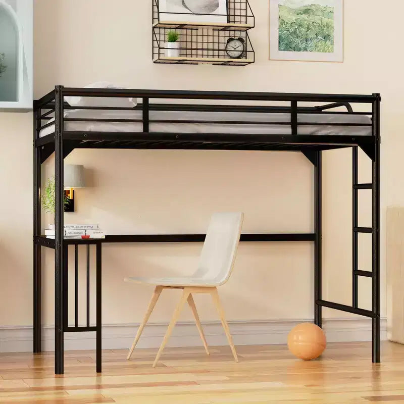 Lit mezzanine minimaliste avec bureau intégré, lit mezzanine jumeau avec échelle et garde-corps, cadres de lit pour enfants et adolescents