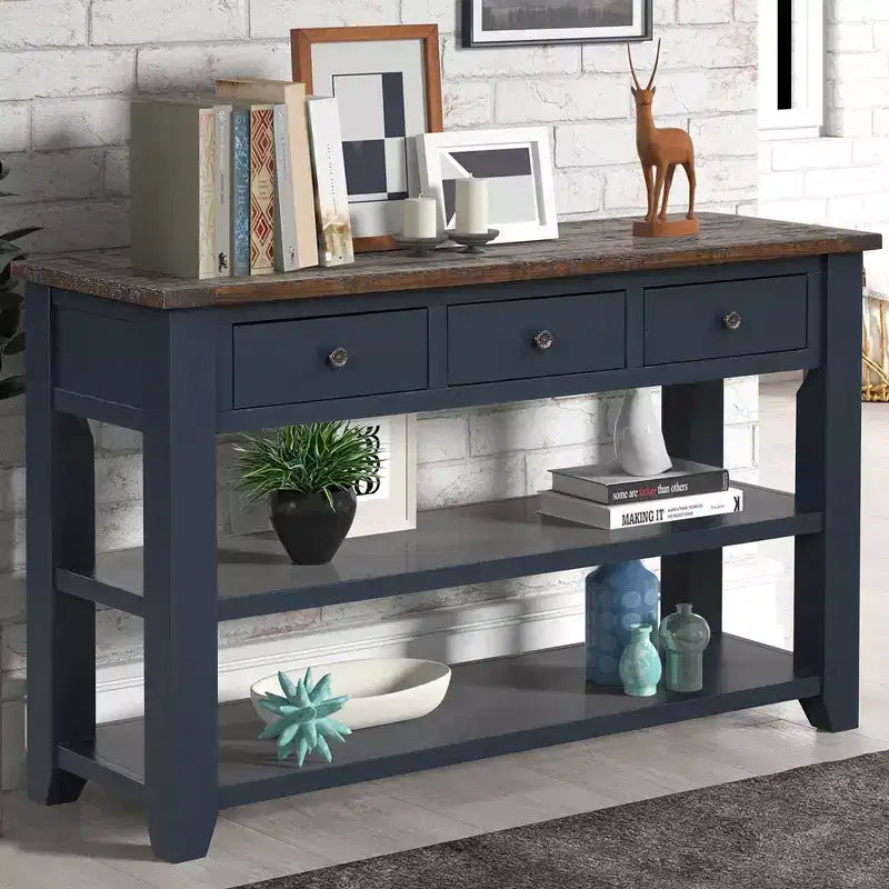 Console Rétro 48 po avec Plateau en Bois, Table d'Entrée avec 3 Tiroirs et 2 Grandes Étagères, Table d'Appoint pour Salon, Couloir