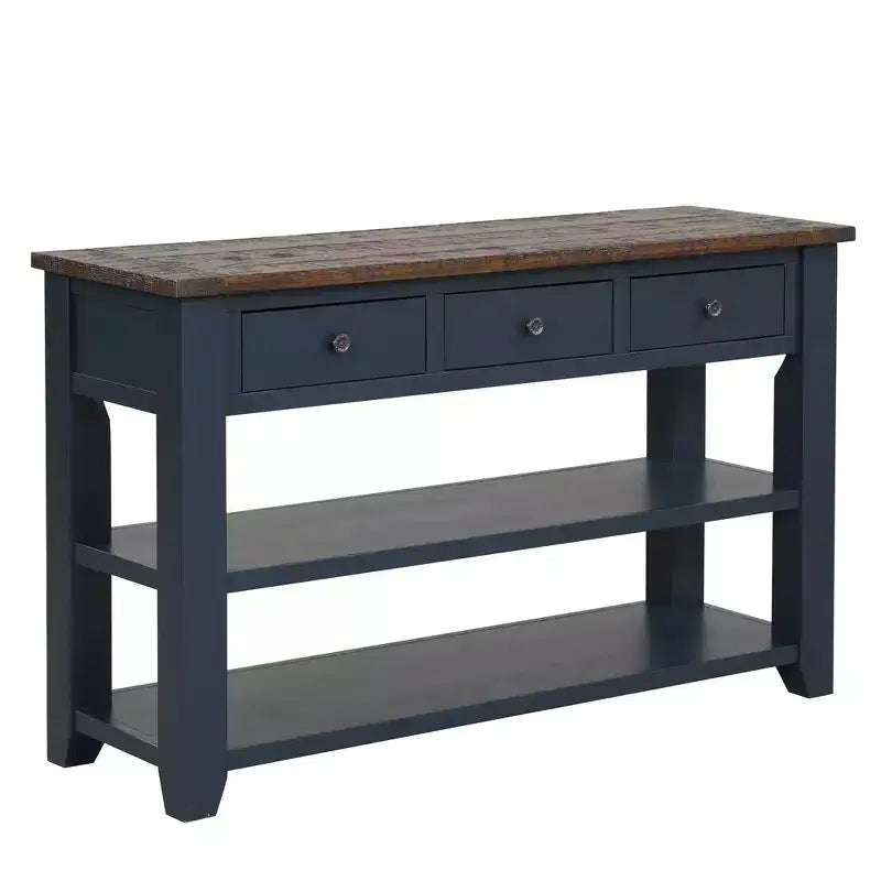 Console Rétro 48 po avec Plateau en Bois, Table d'Entrée avec 3 Tiroirs et 2 Grandes Étagères, Table d'Appoint pour Salon, Couloir