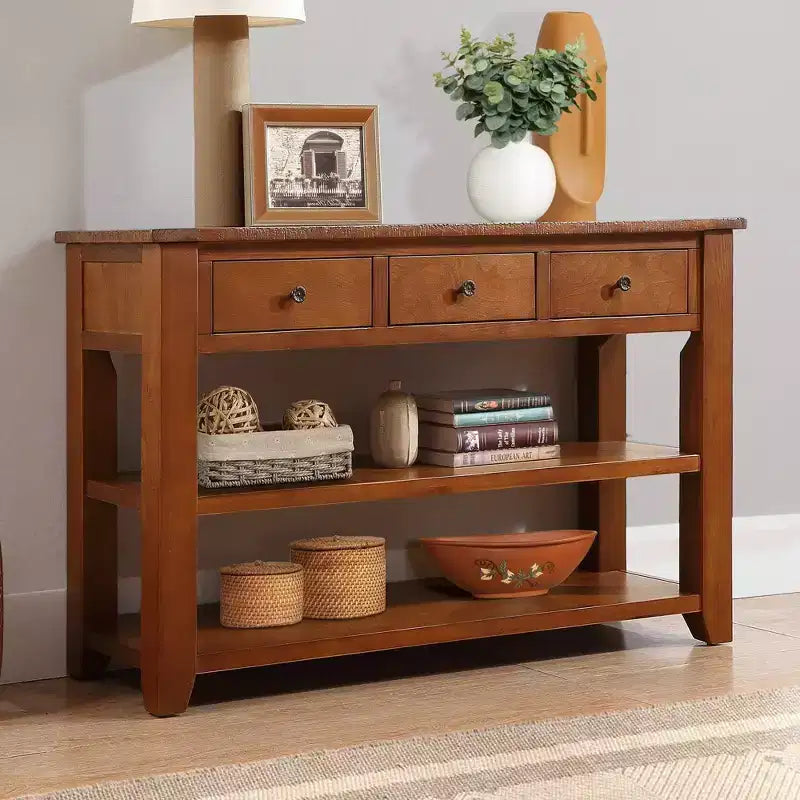 Console Rétro 48 po avec Plateau en Bois, Table d'Entrée avec 3 Tiroirs et 2 Grandes Étagères, Table d'Appoint pour Salon, Couloir