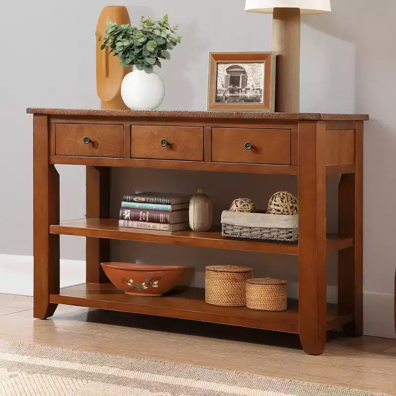 Console Rétro 48 po avec Plateau en Bois, Table d'Entrée avec 3 Tiroirs et 2 Grandes Étagères, Table d'Appoint pour Salon, Couloir