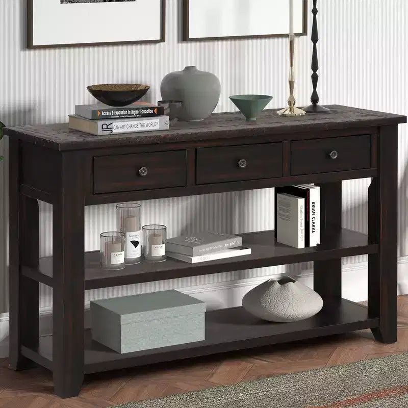 Console Rétro 48 po avec Plateau en Bois, Table d'Entrée avec 3 Tiroirs et 2 Grandes Étagères, Table d'Appoint pour Salon, Couloir