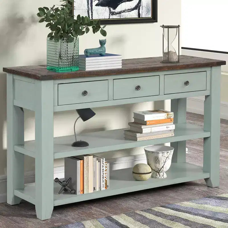 Console Rétro 48 po avec Plateau en Bois, Table d'Entrée avec 3 Tiroirs et 2 Grandes Étagères, Table d'Appoint pour Salon, Couloir