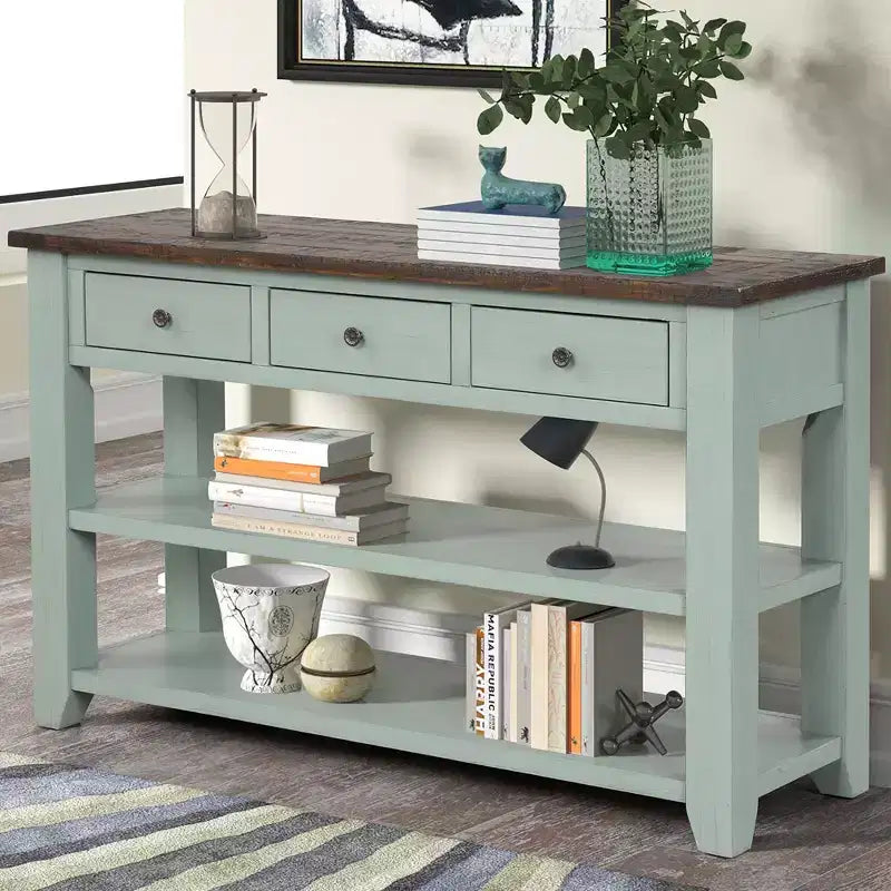 Console Rétro 48 po avec Plateau en Bois, Table d'Entrée avec 3 Tiroirs et 2 Grandes Étagères, Table d'Appoint pour Salon, Couloir