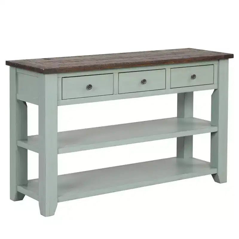 Console Rétro 48 po avec Plateau en Bois, Table d'Entrée avec 3 Tiroirs et 2 Grandes Étagères, Table d'Appoint pour Salon, Couloir