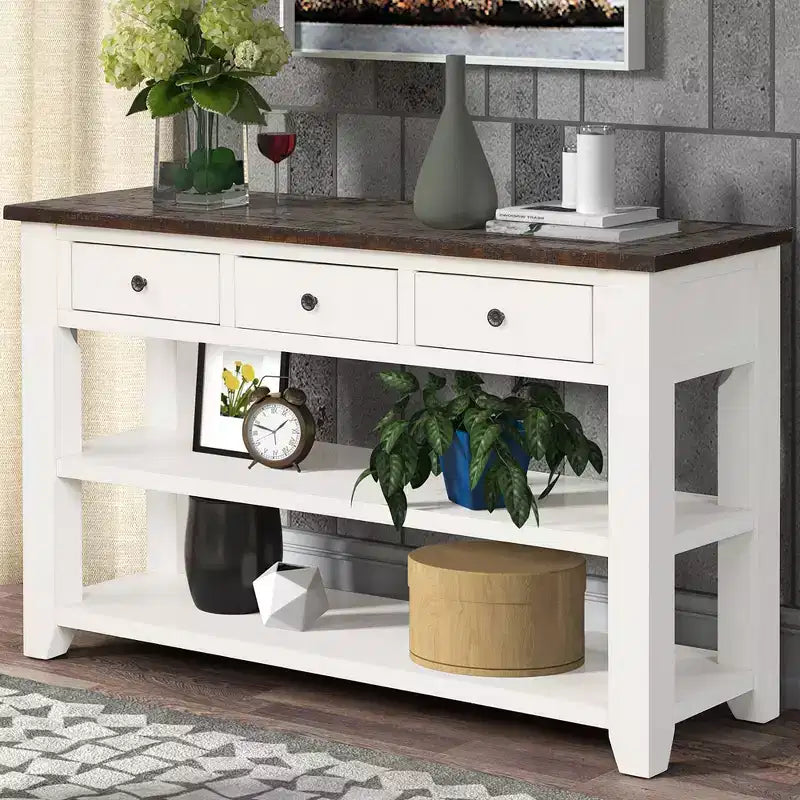 Console Rétro 48 po avec Plateau en Bois, Table d'Entrée avec 3 Tiroirs et 2 Grandes Étagères, Table d'Appoint pour Salon, Couloir