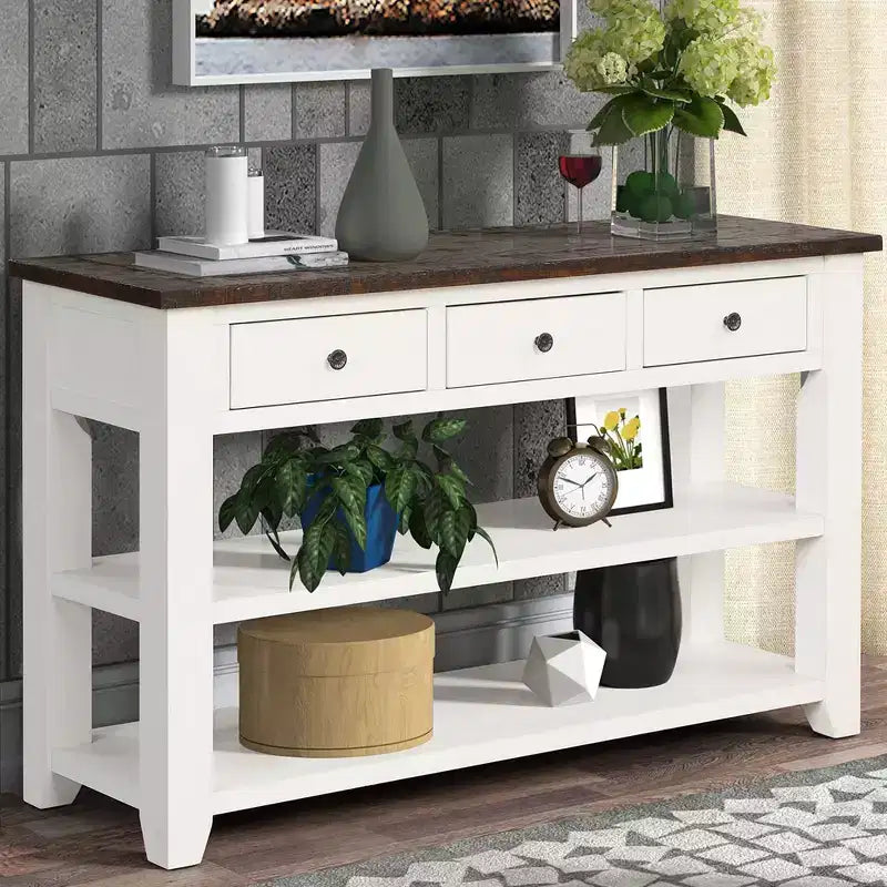Console Rétro 48 po avec Plateau en Bois, Table d'Entrée avec 3 Tiroirs et 2 Grandes Étagères, Table d'Appoint pour Salon, Couloir