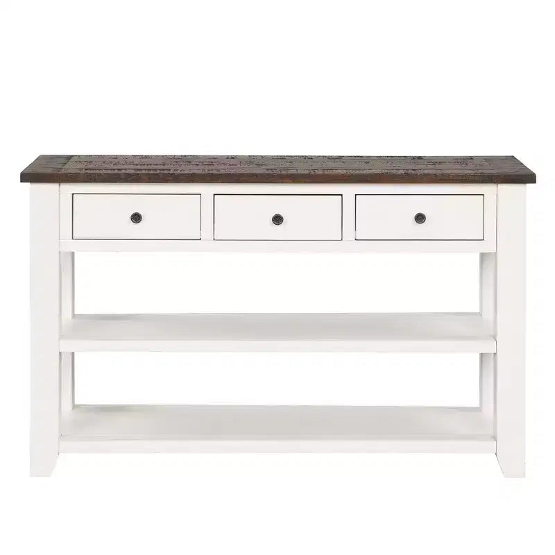 Console Rétro 48 po avec Plateau en Bois, Table d'Entrée avec 3 Tiroirs et 2 Grandes Étagères, Table d'Appoint pour Salon, Couloir