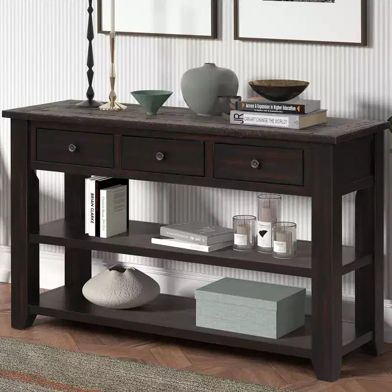 Console Rétro 48 po avec Plateau en Bois, Table d'Entrée avec 3 Tiroirs et 2 Grandes Étagères, Table d'Appoint pour Salon, Couloir