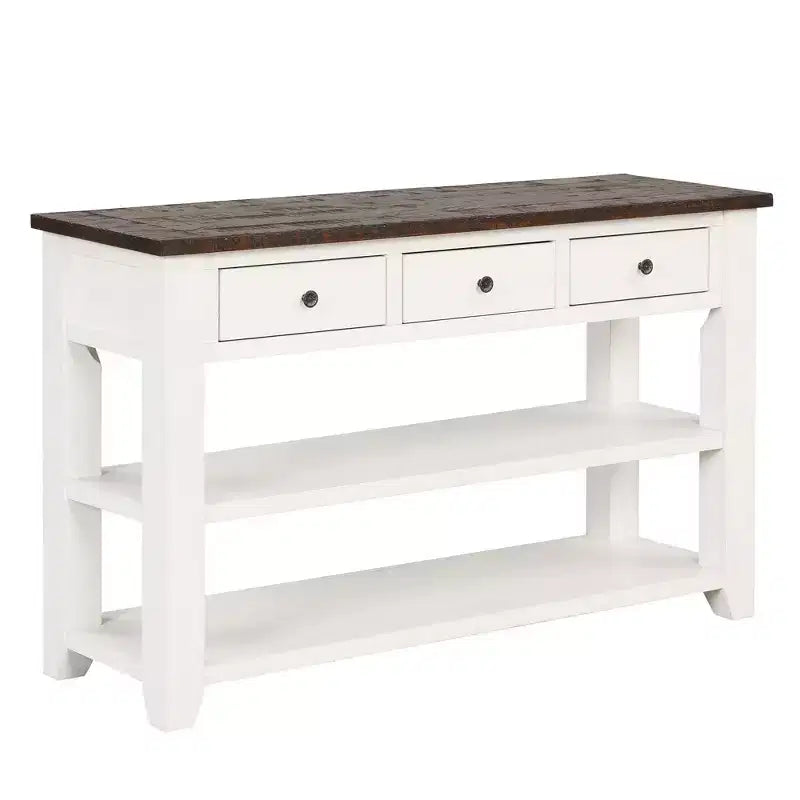Console Rétro 48 po avec Plateau en Bois, Table d'Entrée avec 3 Tiroirs et 2 Grandes Étagères, Table d'Appoint pour Salon, Couloir