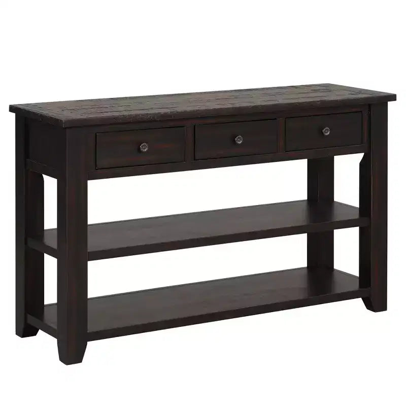 Console Rétro 48 po avec Plateau en Bois, Table d'Entrée avec 3 Tiroirs et 2 Grandes Étagères, Table d'Appoint pour Salon, Couloir