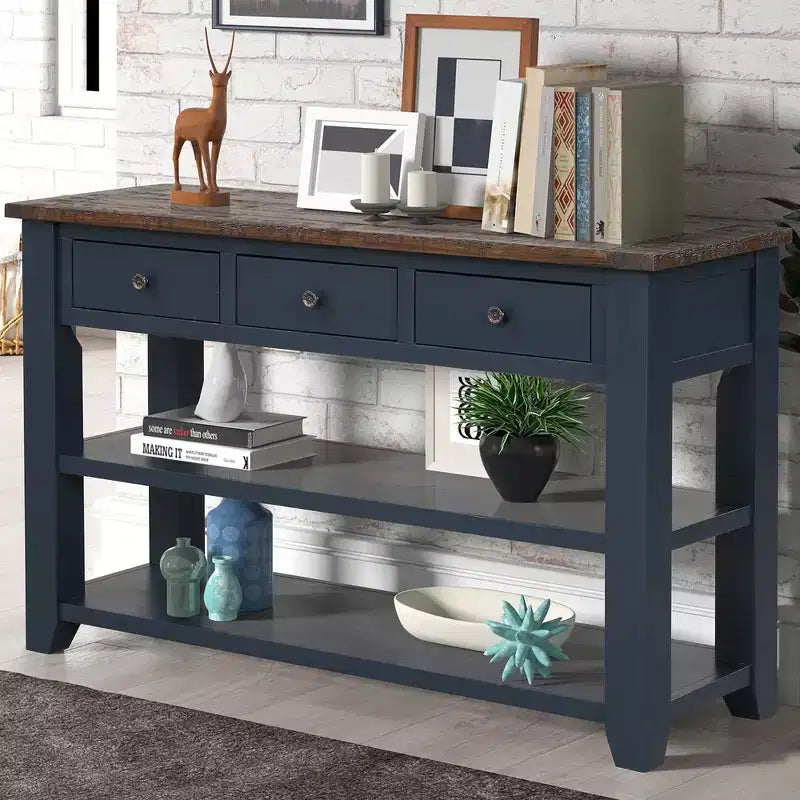 Console Rétro 48 po avec Plateau en Bois, Table d'Entrée avec 3 Tiroirs et 2 Grandes Étagères, Table d'Appoint pour Salon, Couloir