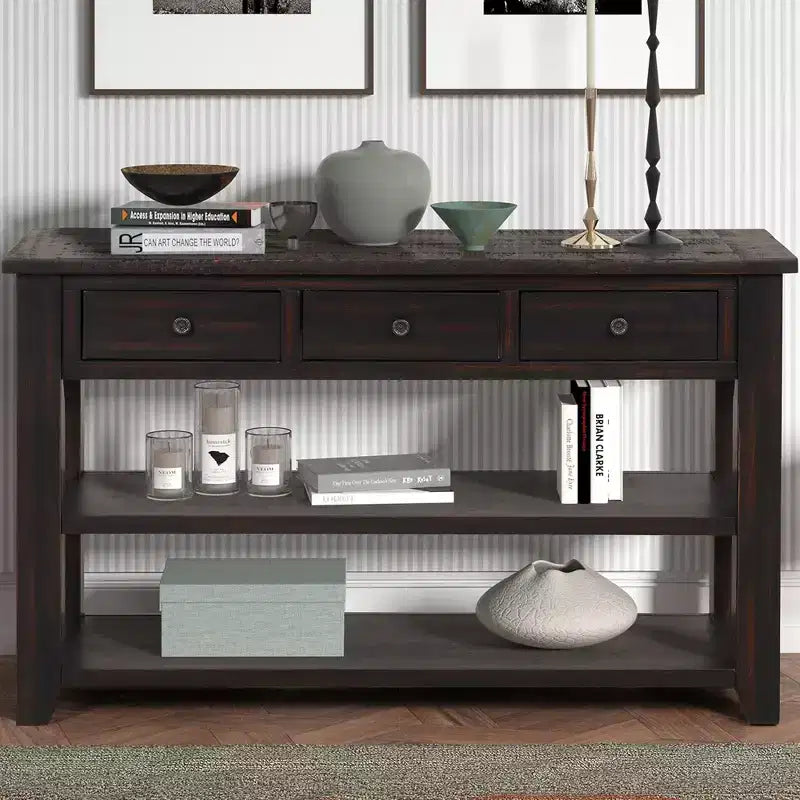 Console Rétro 48 po avec Plateau en Bois, Table d'Entrée avec 3 Tiroirs et 2 Grandes Étagères, Table d'Appoint pour Salon, Couloir