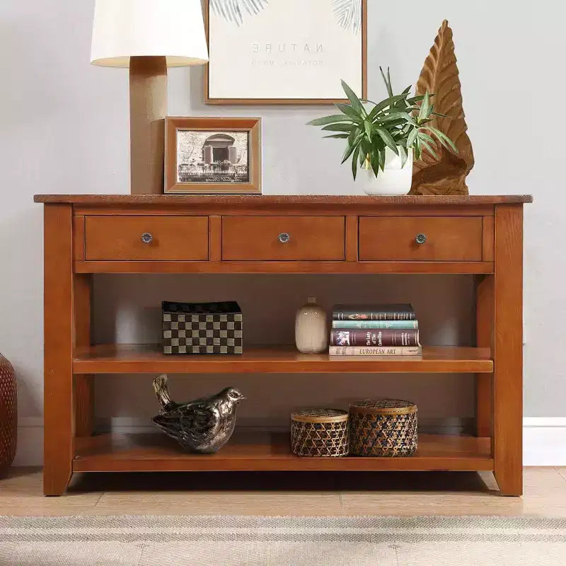 Console Rétro 48 po avec Plateau en Bois, Table d'Entrée avec 3 Tiroirs et 2 Grandes Étagères, Table d'Appoint pour Salon, Couloir