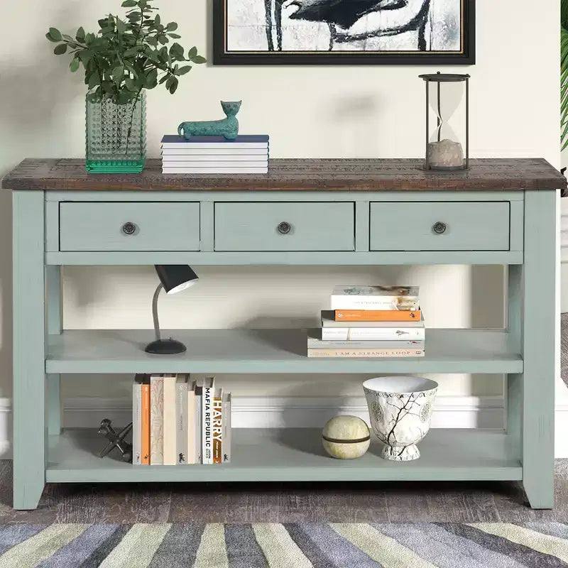Console Rétro 48 po avec Plateau en Bois, Table d'Entrée avec 3 Tiroirs et 2 Grandes Étagères, Table d'Appoint pour Salon, Couloir