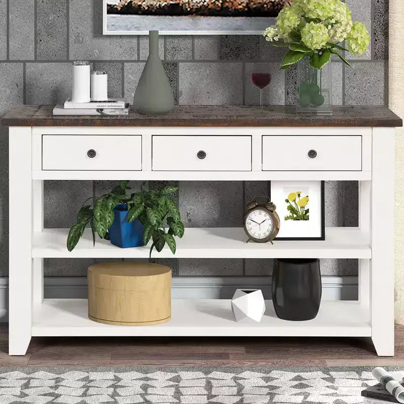 Console Rétro 48 po avec Plateau en Bois, Table d'Entrée avec 3 Tiroirs et 2 Grandes Étagères, Table d'Appoint pour Salon, Couloir