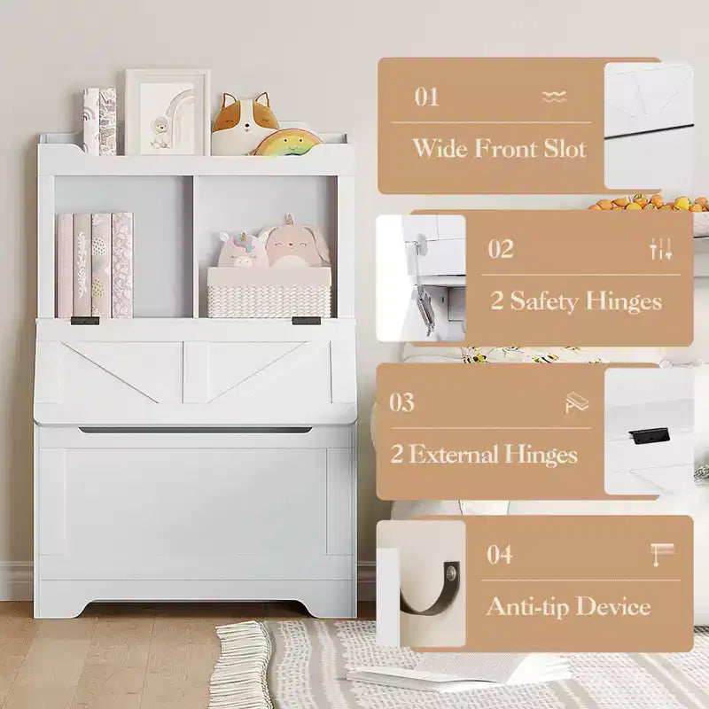 Bibliothèque et meuble de rangement pour jouets en bois pour enfants avec couvercle à charnière