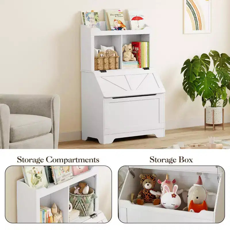 Bibliothèque et meuble de rangement pour jouets en bois pour enfants avec couvercle à charnière