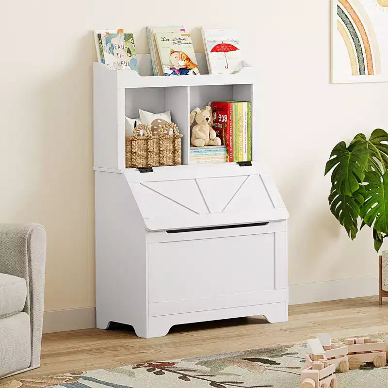 Bibliothèque et meuble de rangement pour jouets en bois pour enfants avec couvercle à charnière