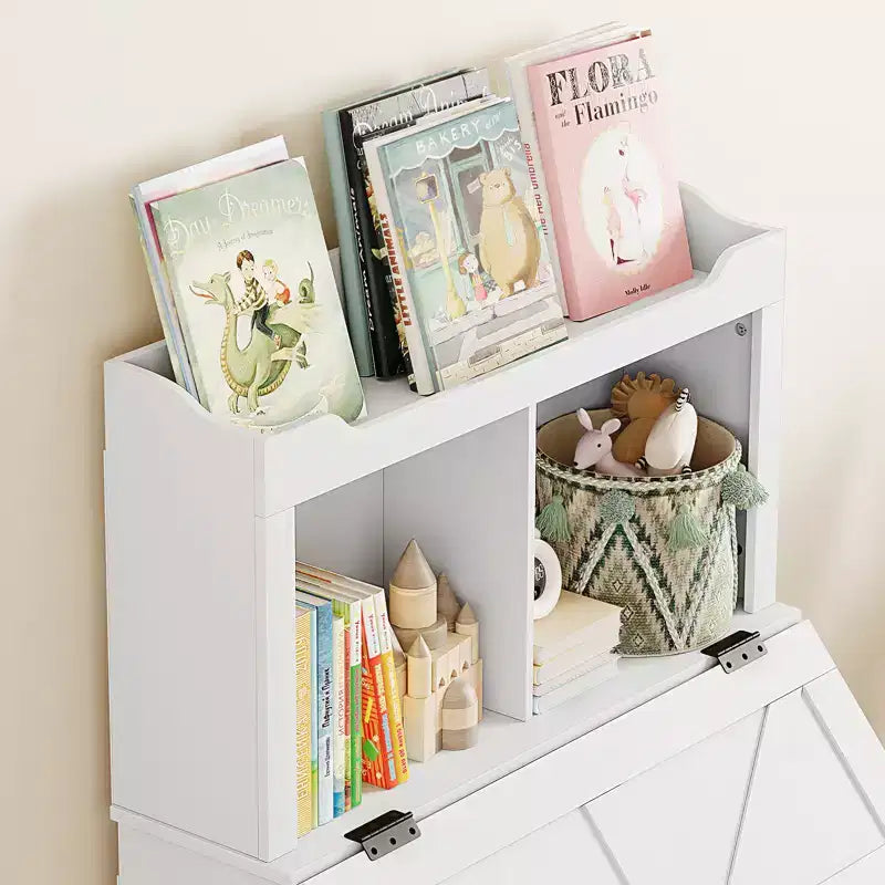 Bibliothèque et meuble de rangement pour jouets en bois pour enfants avec couvercle à charnière