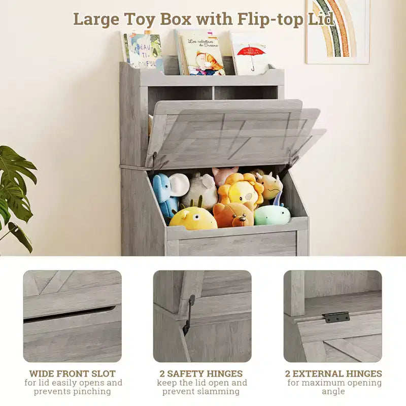 Bibliothèque et meuble de rangement pour jouets en bois pour enfants avec couvercle à charnière