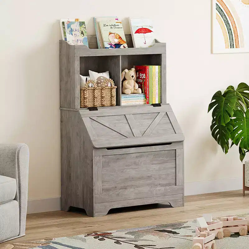 Bibliothèque et meuble de rangement pour jouets en bois pour enfants avec couvercle à charnière