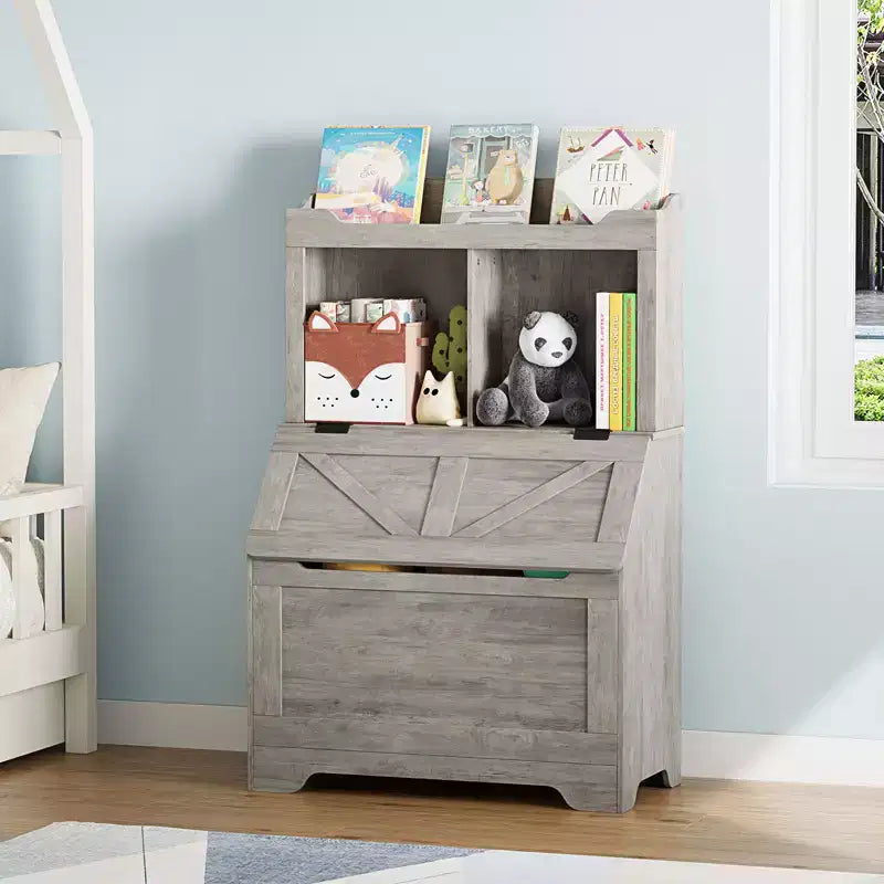 Bibliothèque et meuble de rangement pour jouets en bois pour enfants avec couvercle à charnière
