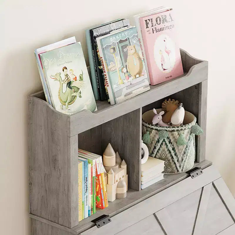Bibliothèque et meuble de rangement pour jouets en bois pour enfants avec couvercle à charnière