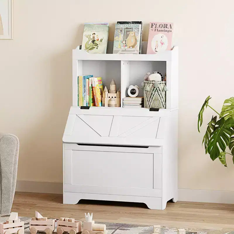 Bibliothèque et meuble de rangement pour jouets en bois pour enfants avec couvercle à charnière