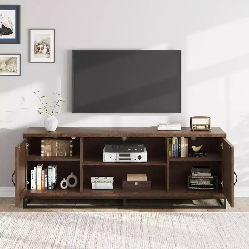 Meuble TV de style rustique pour téléviseurs de 75 pouces - Pieds en métal robustes et 2 étagères ouvertes, console multimédia en bois pour salon