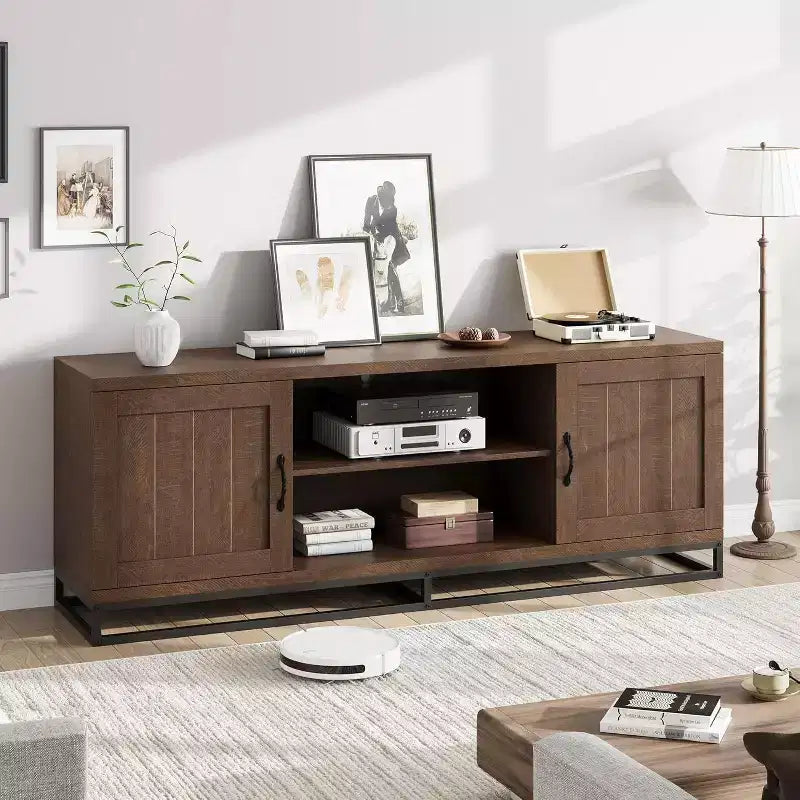 Meuble TV de style rustique pour téléviseurs de 75 pouces - Pieds en métal robustes et 2 étagères ouvertes, console multimédia en bois pour salon