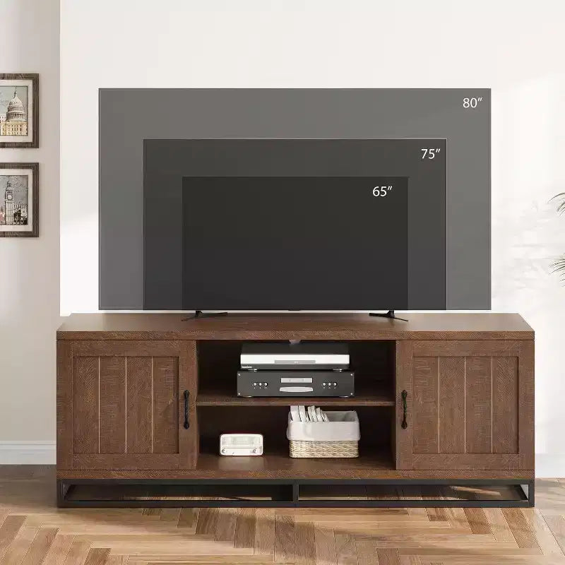 Meuble TV de style rustique pour téléviseurs de 75 pouces - Pieds en métal robustes et 2 étagères ouvertes, console multimédia en bois pour salon