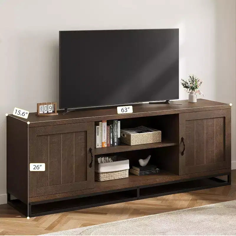 Meuble TV de style rustique pour téléviseurs de 75 pouces - Pieds en métal robustes et 2 étagères ouvertes, console multimédia en bois pour salon