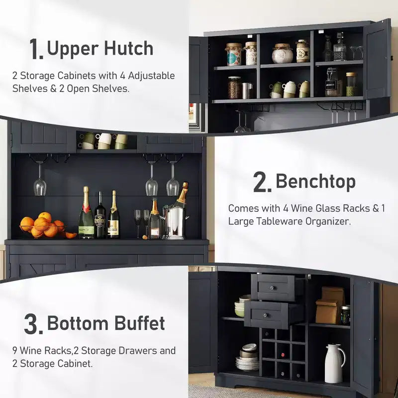 Meuble de rangement pour bar à café et vin de ferme avec tiroirs et porte-verres