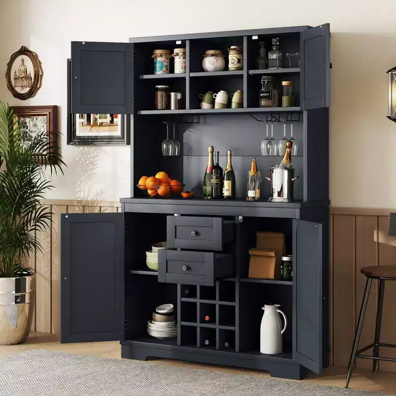 Meuble de rangement pour bar à café et vin de ferme avec tiroirs et porte-verres