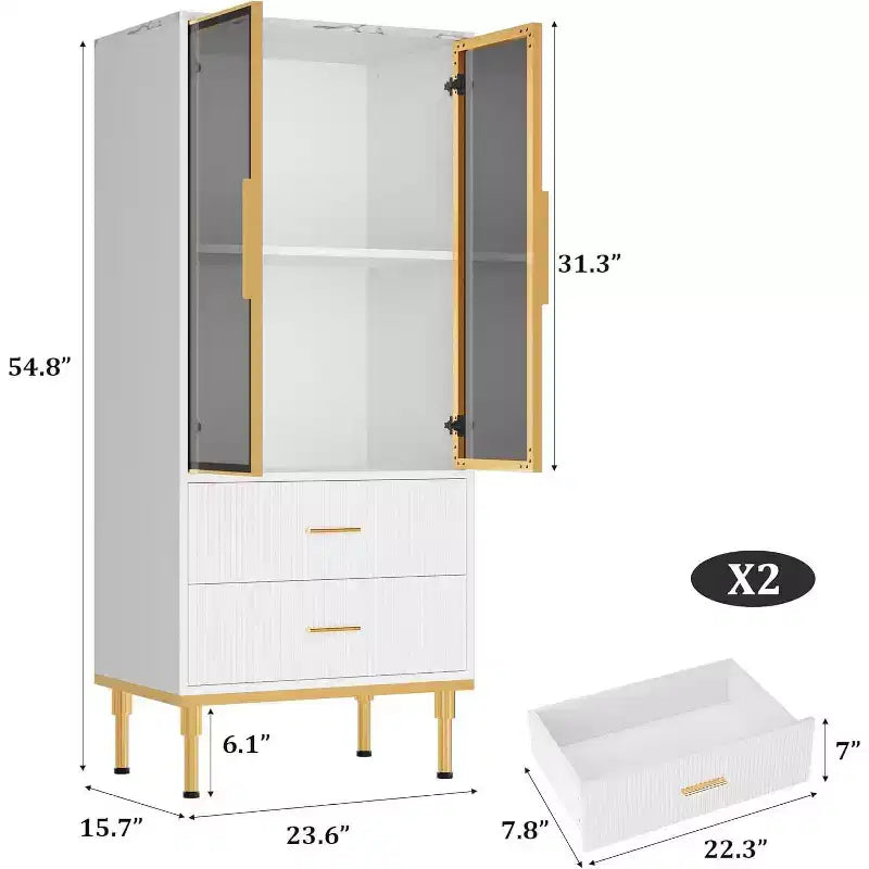 Armoire de rangement cannelée avec porte vitrée, tiroirs et étagères réglables